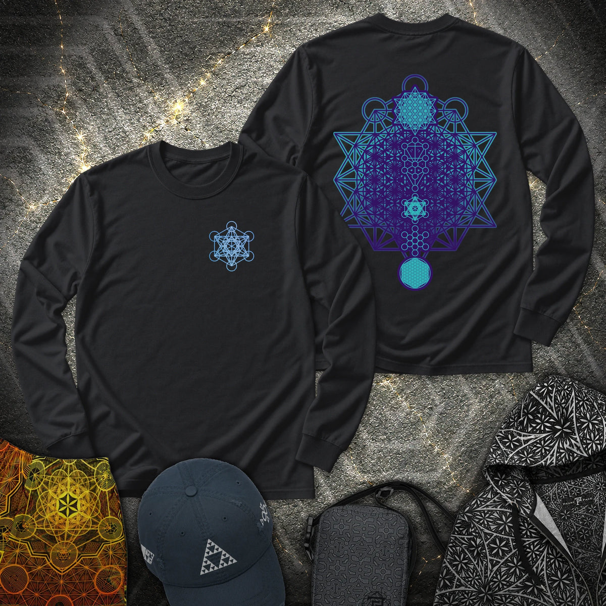 All The Sacred Geometry 2 Sided Long Sleeve Shirt showing front and back artwork