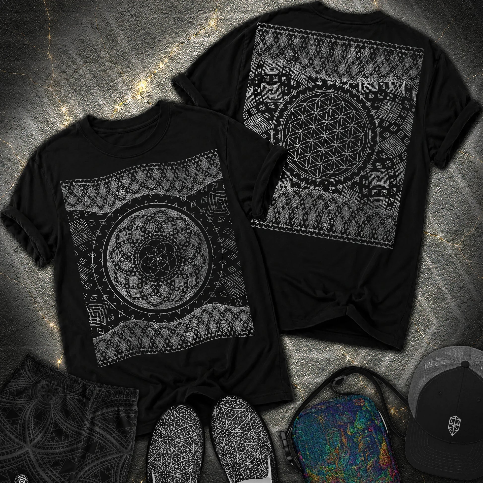 Silver Geometry Flower & Seed of Life Heavyweight 2 Sided Comfort T-Shirt - Silver Geometry Flower & Seed of Life Heavyweight 2 Sided Comfort T-Shirt - Black
