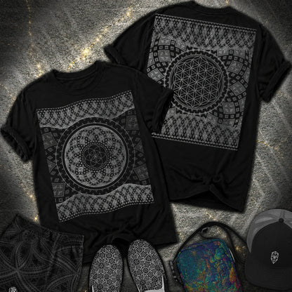 Silver Geometry Flower & Seed of Life Heavyweight 2 Sided Comfort T-Shirt - Silver Geometry Flower & Seed of Life Heavyweight 2 Sided Comfort T-Shirt - Black