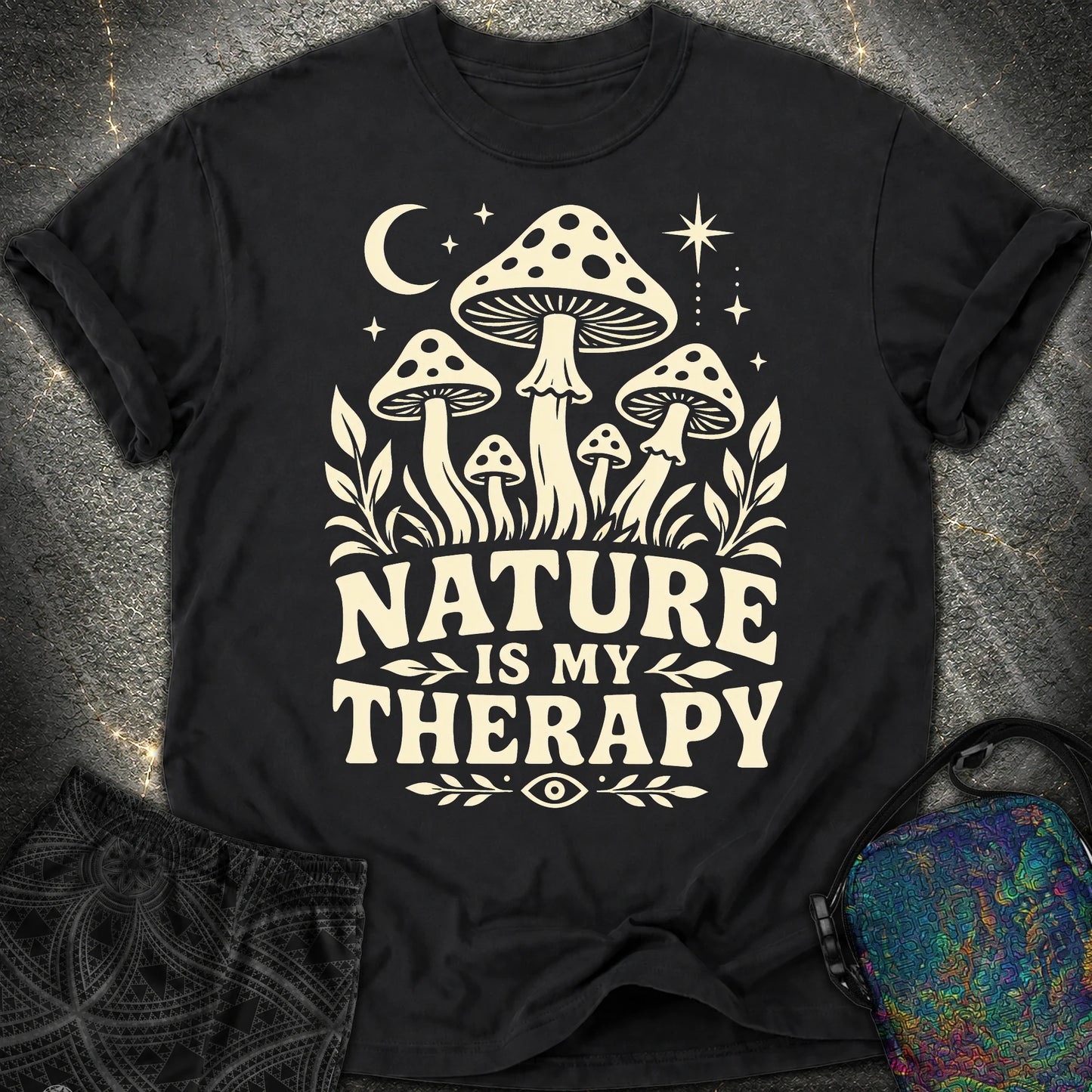 Nature Is My Therapy Mushroom Comfort T-Shirt - Nature Is My Therapy Mushroom Comfort T-Shirt - Black
