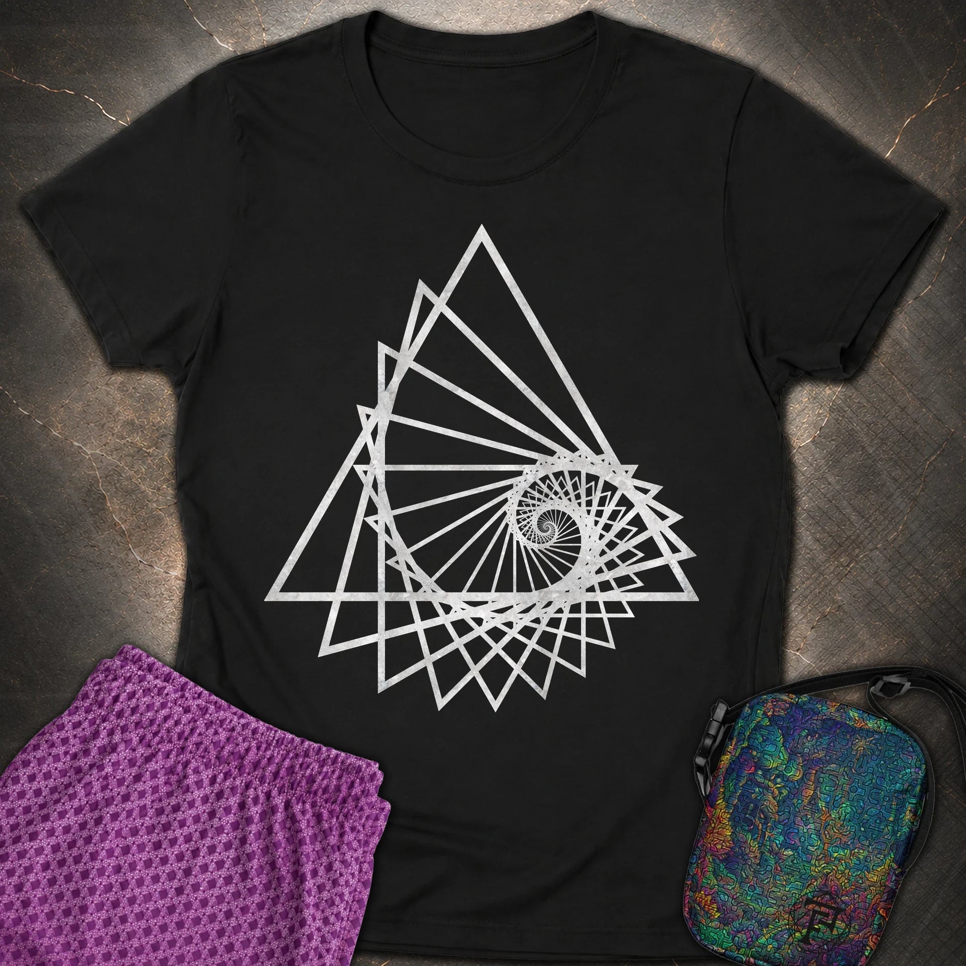 Spiralling Triangle Geometric T-Shirt - Spiralling Triangle Geometric Womens T-Shirt - Black