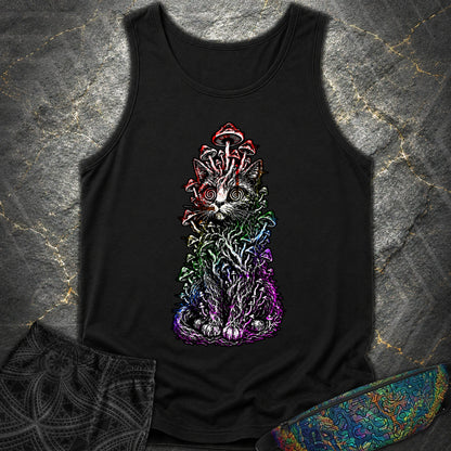 Trippy Mushroom Cat Comfort Tank - Trippy Mushroom Cat Comfort Tank - Black