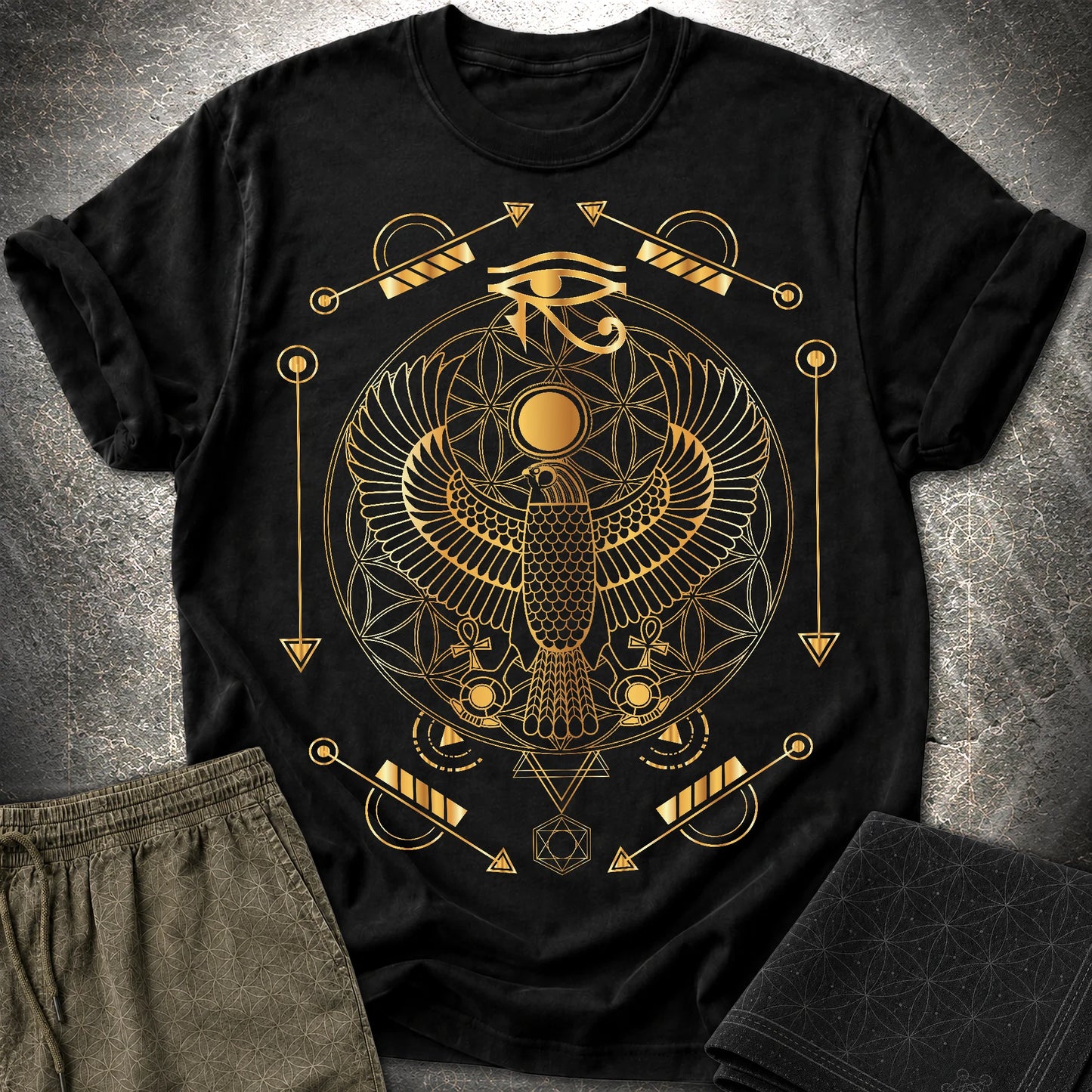 Falcon Flower Of Life Egypt T-Shirt - Falcon Flower Of Life Egypt T-Shirt - Black