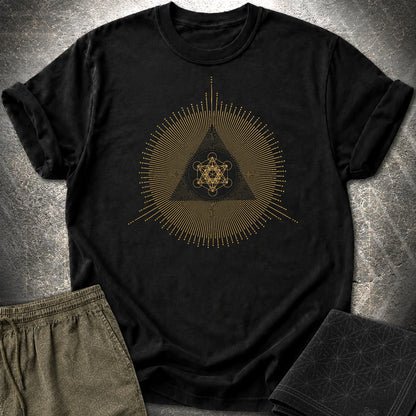 Metatron Cube Shirt, Sacred Geometry Sunburst Tee, Gold Esoteric Mandala Graphic, Mystic Geometric T-Shirt - Metatron Cube Shirt, Sacred Geometry Sunburst Tee, Gold Esoteric Mandala Graphic, Mystic Geometric T-Shirt - Black