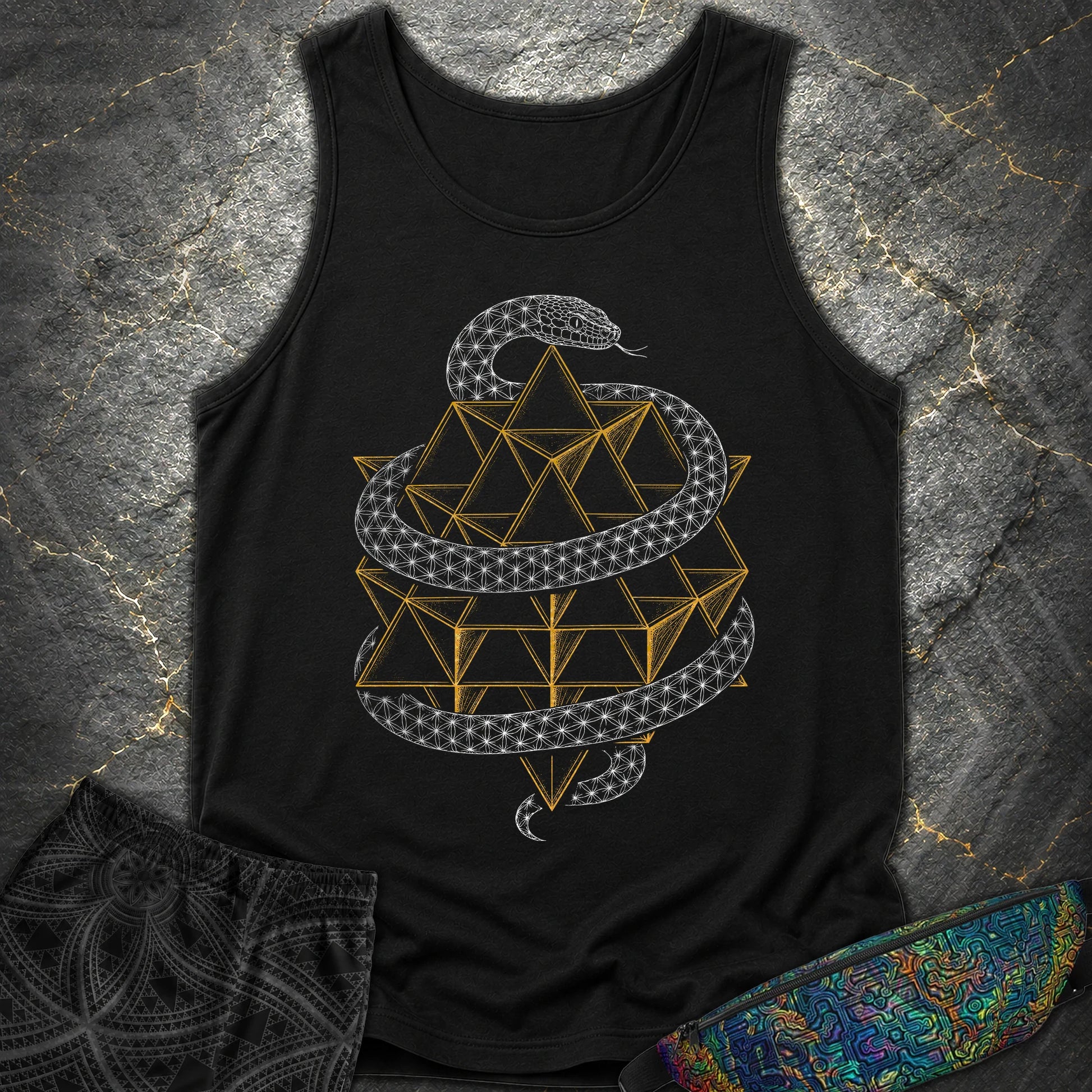 Serpent Tetrahedron Merkaba Geometry - Serpent Tetrahedron Merkaba Geometry Comfort Tank Top - Black
