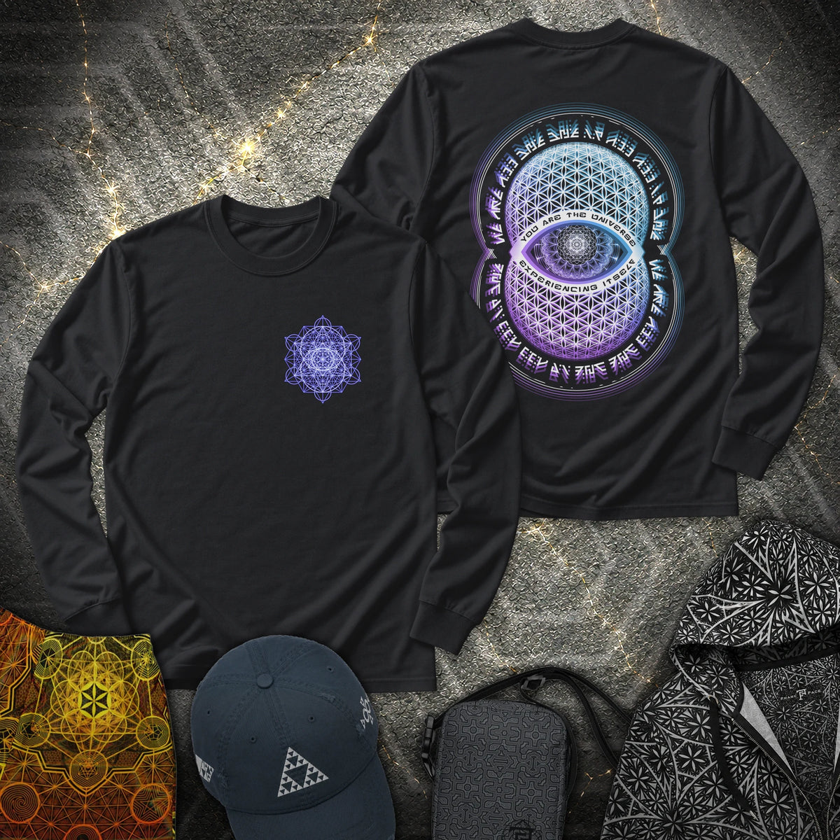 Alan Watts Universe 2 Sided Long Sleeve Shirt showing front and back artwork