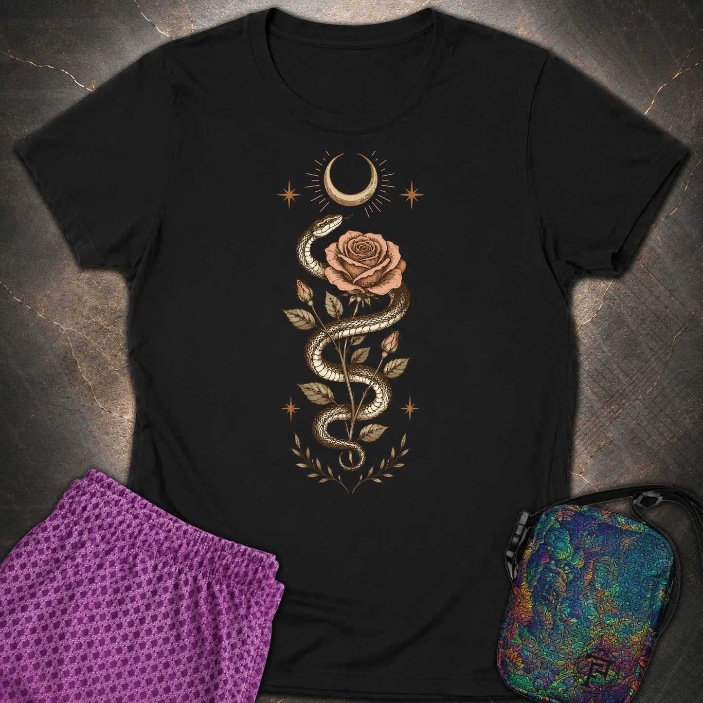 Snake Rose Moon - Snake Rose Moon Womens T-Shirt - Black