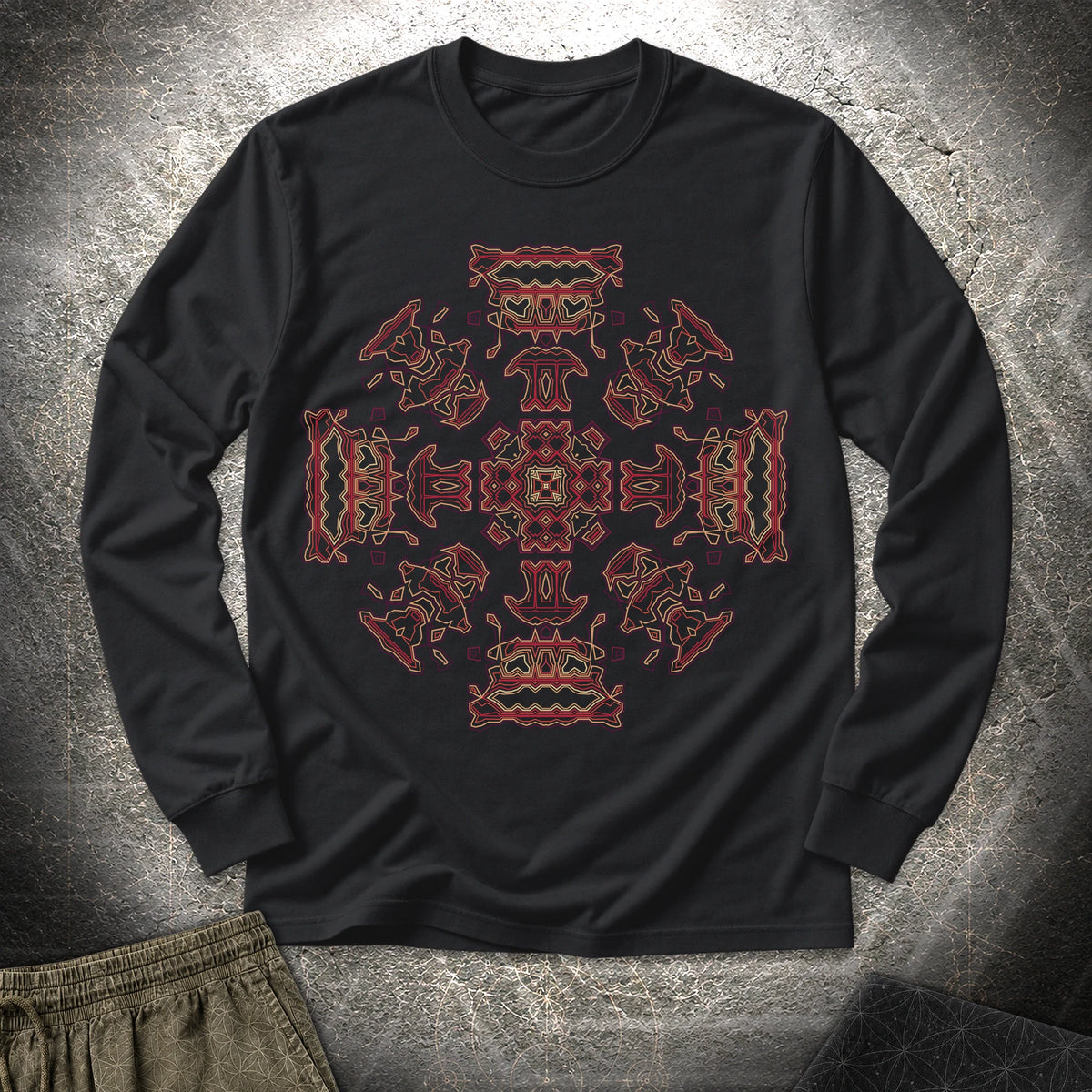 Shamanic Faces Geometric Long Sleeve Shirt - Shamanic Faces Geometric Long Sleeve Shirt - Black