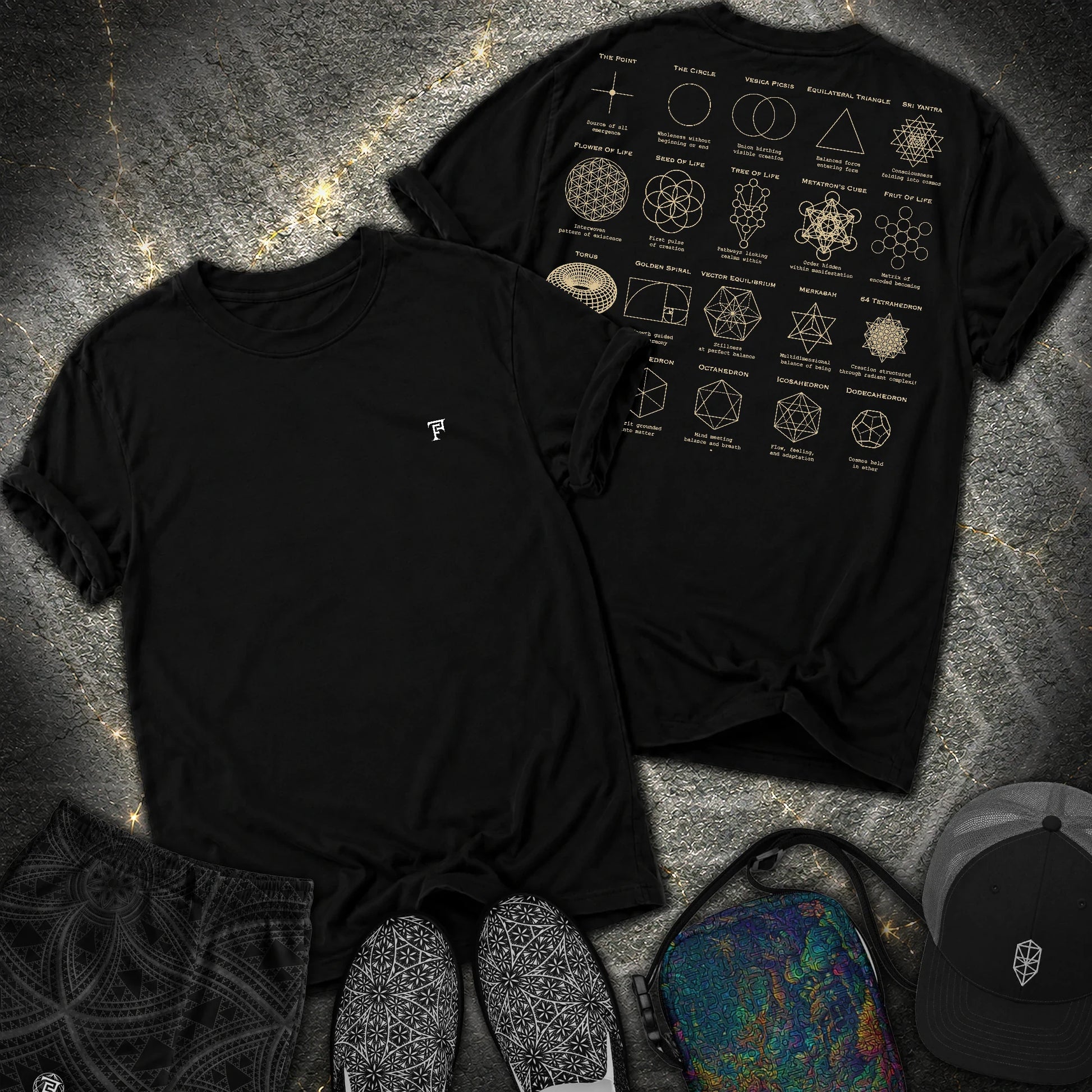 Sacred Geometry Figures Back Print 2 Sided Comfort T-Shirt - Sacred Geometry Figures Back Print 2 Sided Comfort T-Shirt - Black