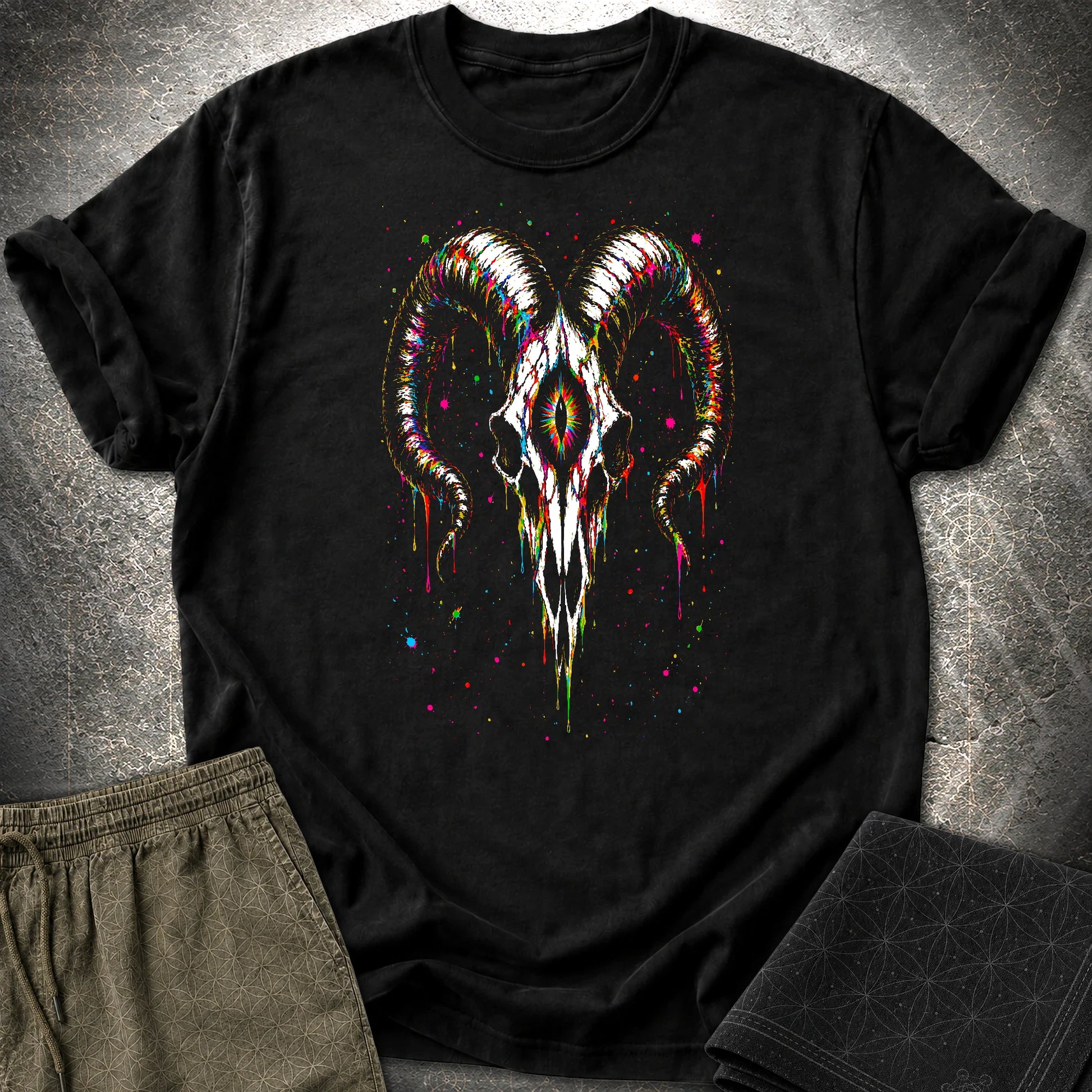 Psychedelic Ram Skull T-Shirt, Colorful Occult Skull Shirt, Trippy Gothic Festival Graphic Tee - Psychedelic Ram Skull T-Shirt, Colorful Occult Skull Shirt, Trippy Gothic Festival Graphic Tee - Black