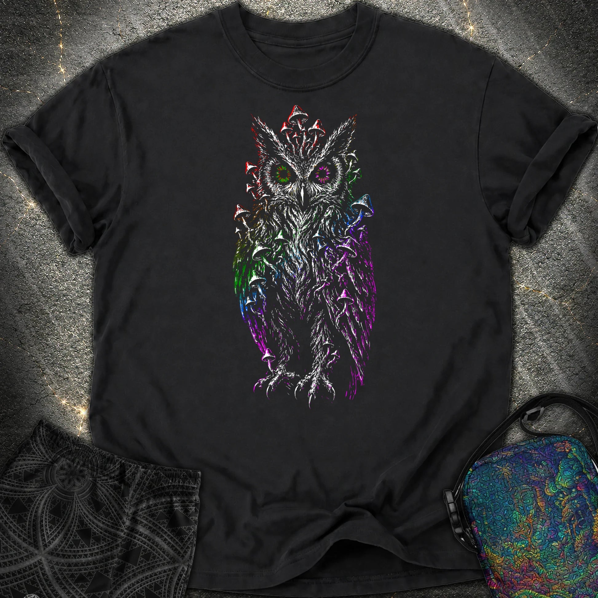 Trippy Mushroom Owl Comfort T-Shirt - Trippy Mushroom Owl Comfort T-Shirt - Black