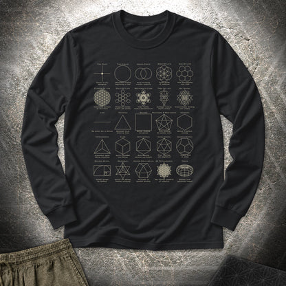 Sacred Geometry Figures Long Sleeve Shirt showing front artwork