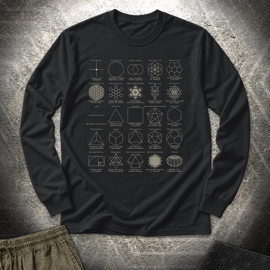 Sacred Geometry Figures Long Sleeve Shirt showing front artwork