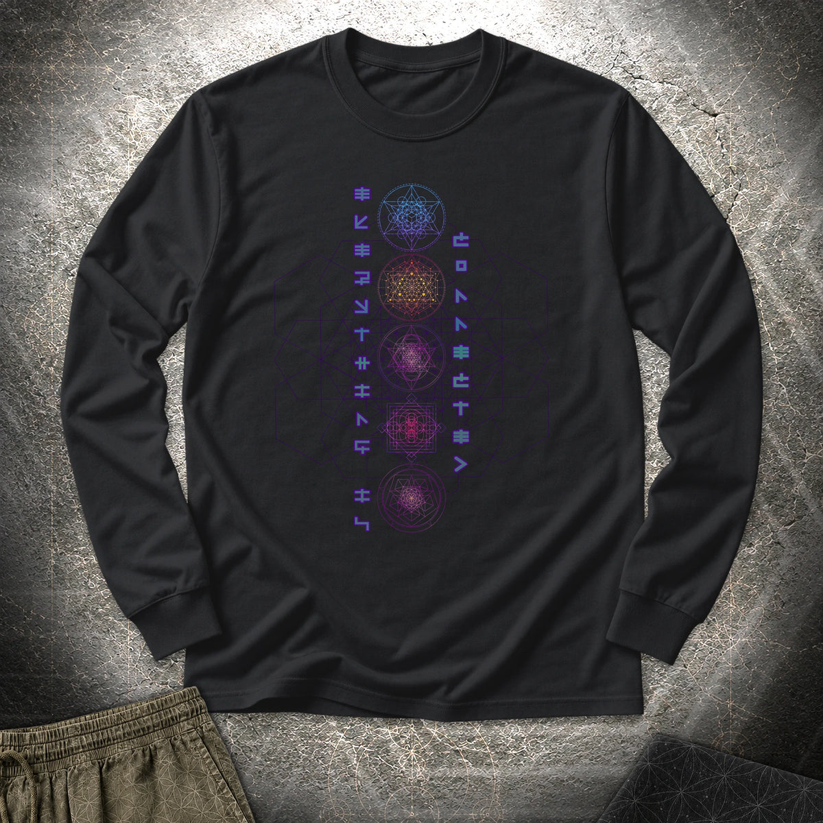 Everything Is Connected Sacred Geometry Long Sleeve Shirt showing front artwork