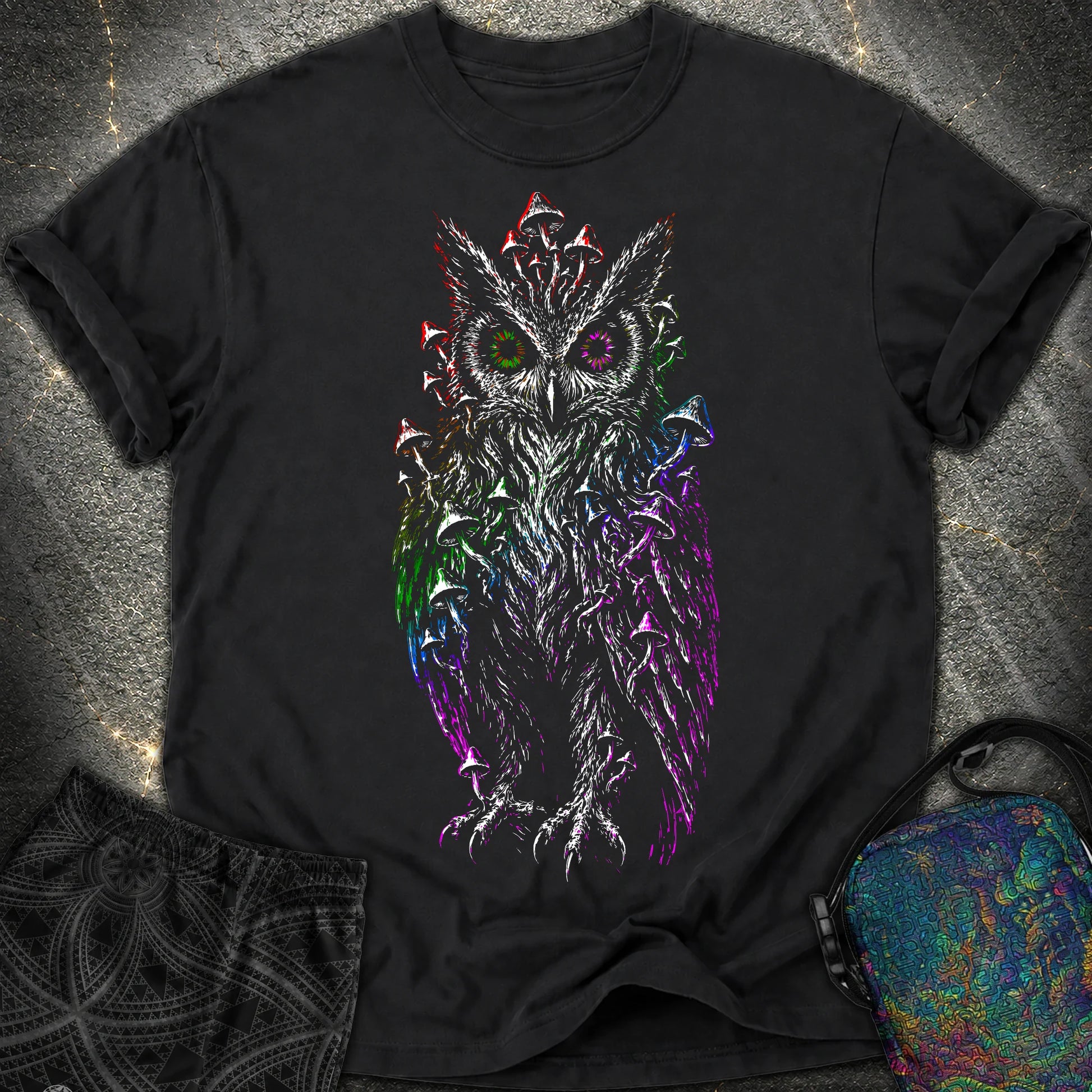 Trippy Mushroom Owl Comfort T-Shirt - Trippy Mushroom Owl Comfort T-Shirt - Black
