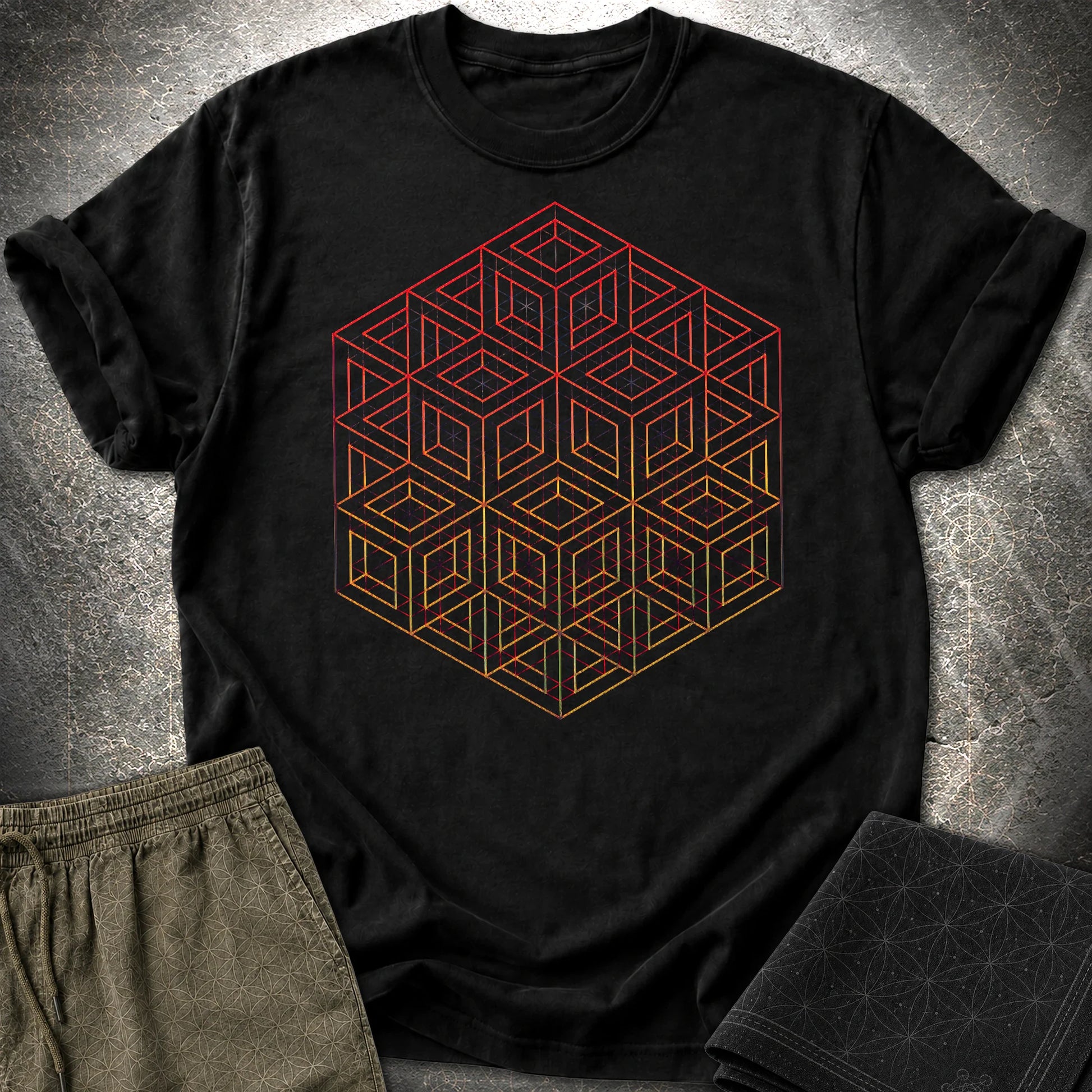 3D Wireframe Cube T-Shirt - 3D Wireframe Cube T-Shirt - Black