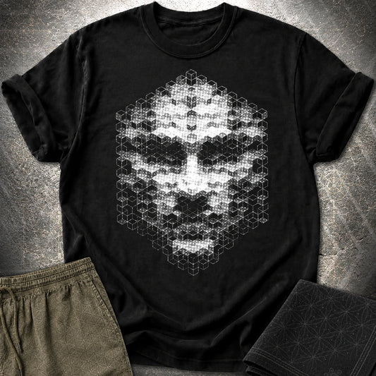 The Entity T-Shirt, Geometric Face Shirt, Abstract Cube Being Graphic Tee - The Entity T-Shirt, Geometric Face Shirt, Abstract Cube Being Graphic Tee - Black