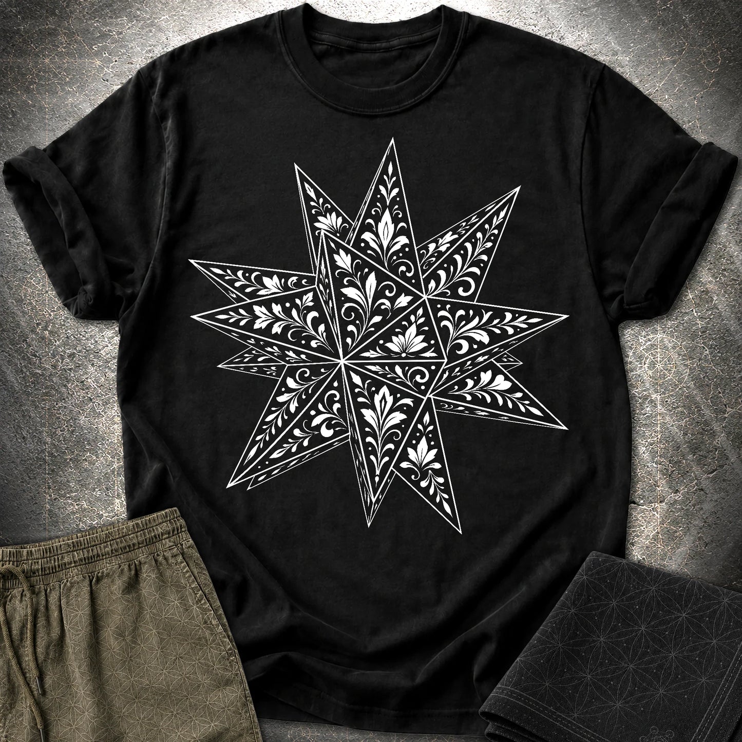 White Floral Stellated Dodecahedron - White Floral Stellated Dodecahedron T-Shirt - Black