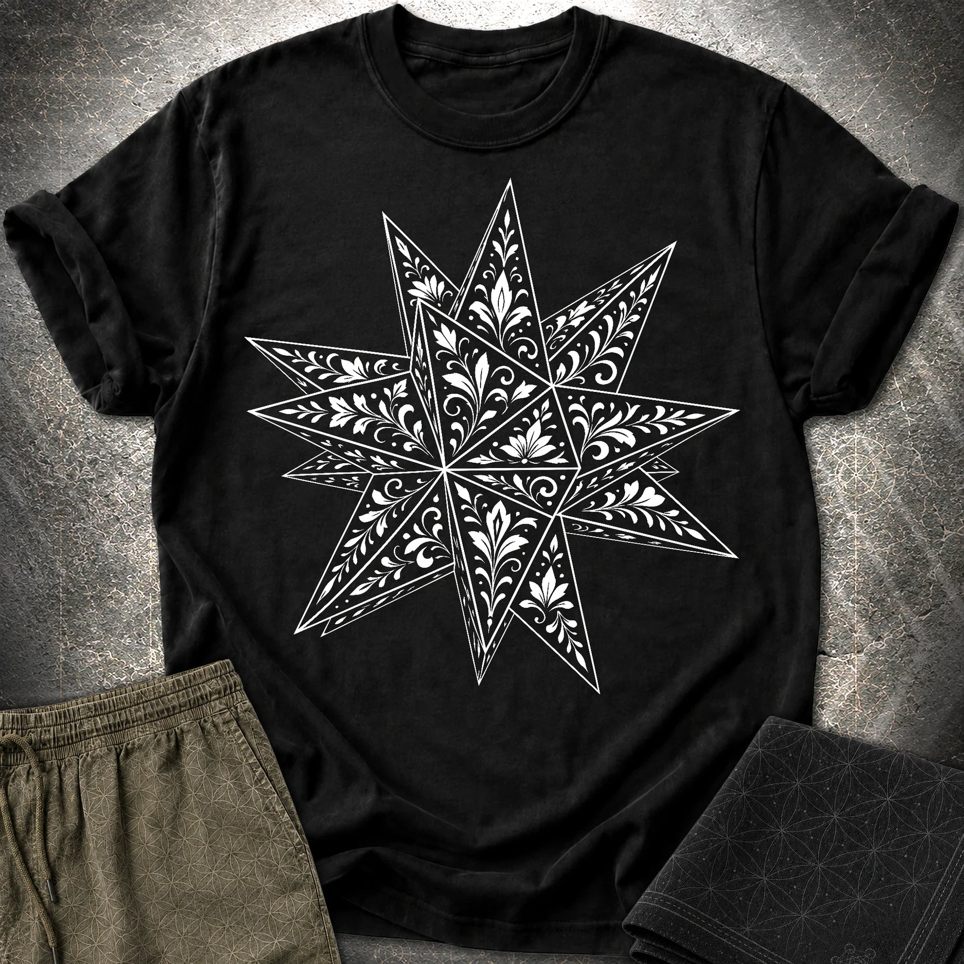 White Floral Stellated Dodecahedron - White Floral Stellated Dodecahedron T-Shirt - Black
