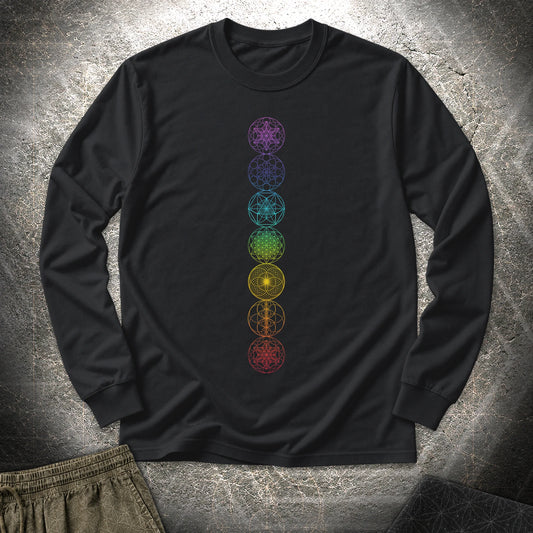7 Sacred Geometry Chakras Long Sleeve Shirt showing front artwork