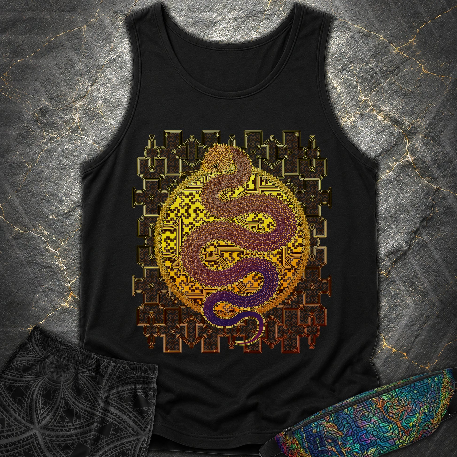 Shipibo Kene Cosmic Snake - Shipibo Kene Cosmic Snake Tank Top - Black