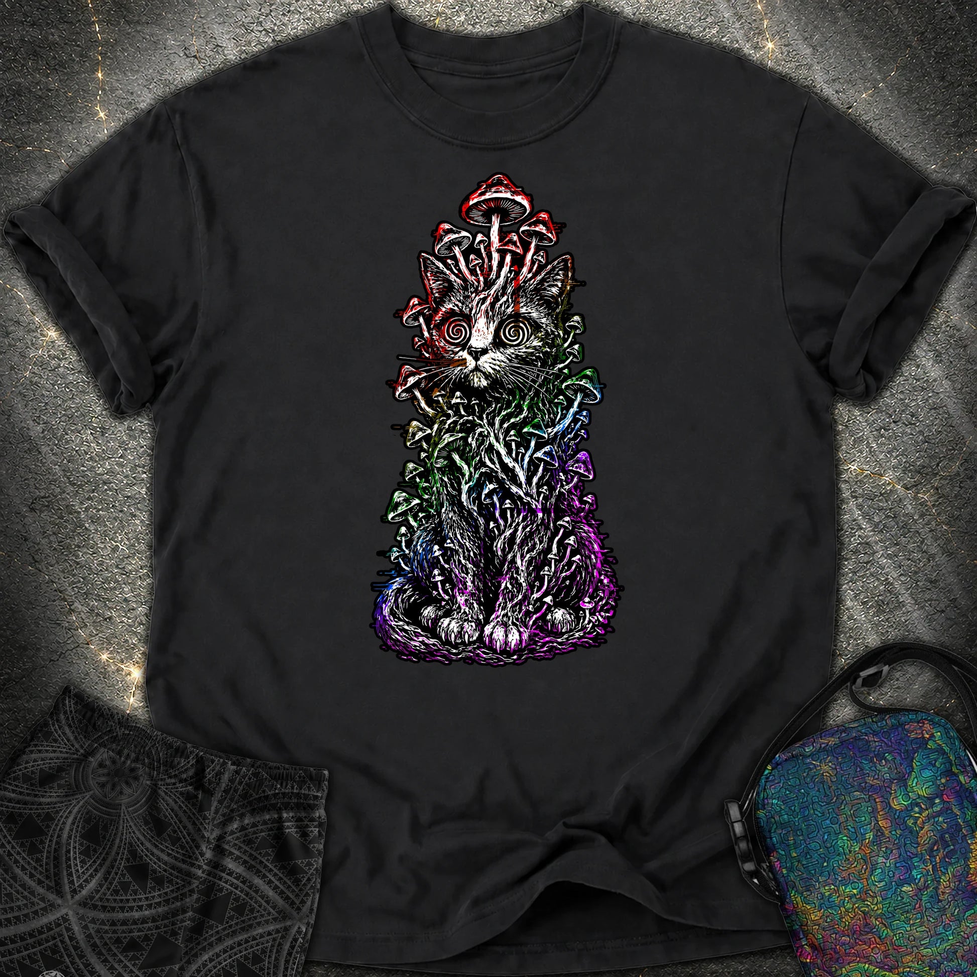 Trippy Mushroom Cat Comfort T-Shirt - Trippy Mushroom Cat Comfort T-Shirt - Black