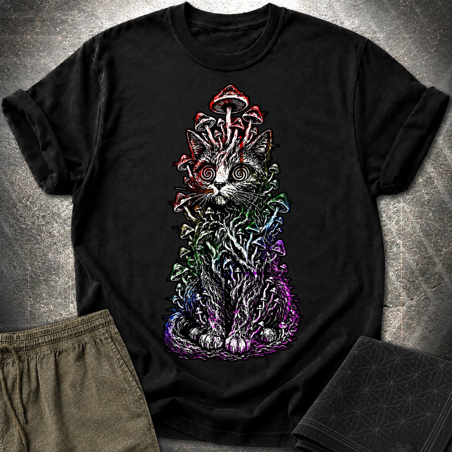 Trippy Mushroom Cat T-Shirt - Trippy Mushroom Cat T-Shirt - Black