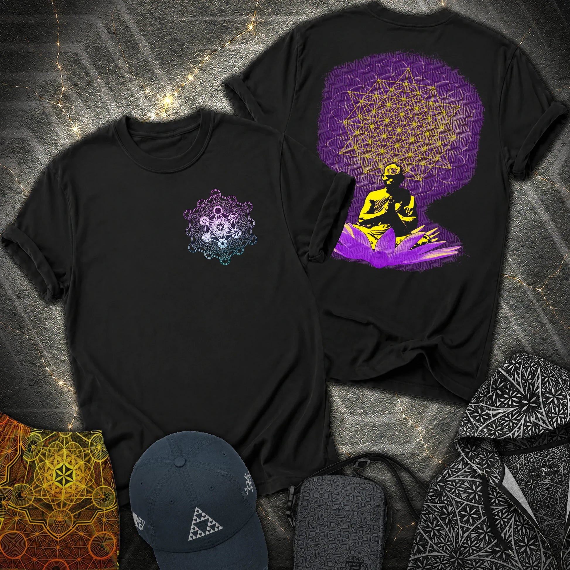 Meditating Monk Tetrahedron Metatron 2 Sided T-Shirt - Meditating Monk Tetrahedron Metatron 2 Sided T-Shirt - Black