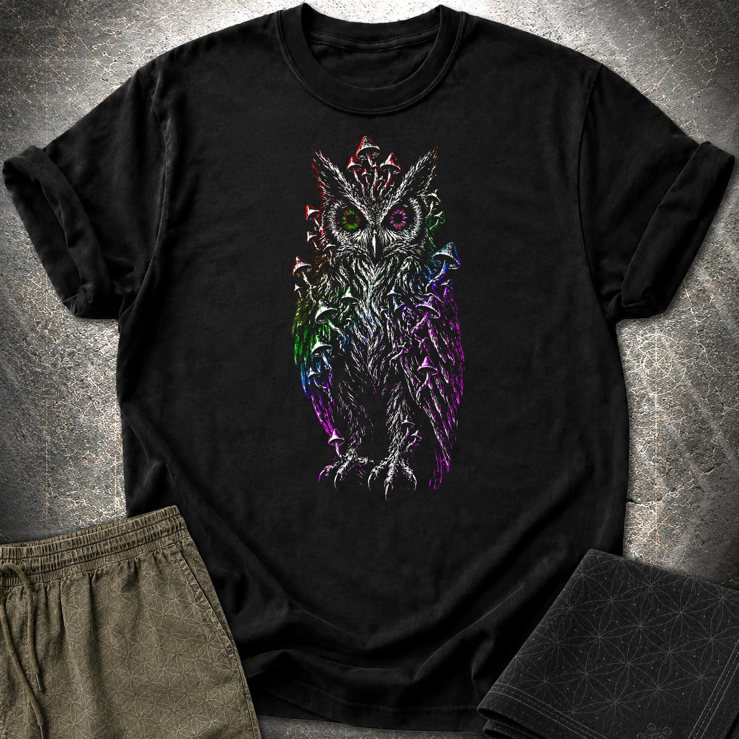 Trippy Mushroom Owl T-Shirt - Trippy Mushroom Owl T-Shirt - Black
