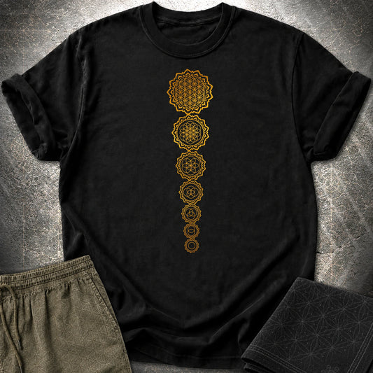 Gold Flower Of lIfe Chakras T-Shirt - Gold Flower Of lIfe Chakras T-Shirt - Black