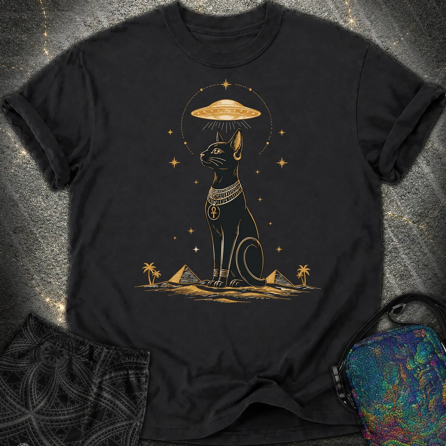 Celestial Cat Beneath the Starship - Celestial Cat Beneath the Starship Comfort T-Shirt - Black