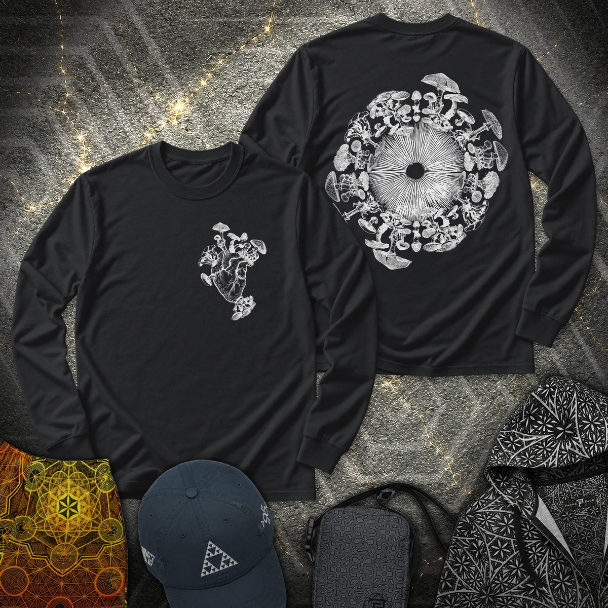 Mushroom Heart Mushroom Iris 2 Sided Long Sleeve Shirt showing front and back artwork