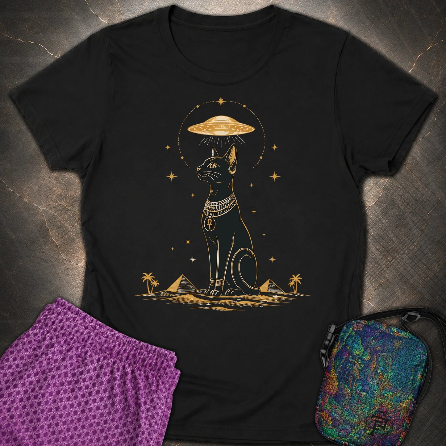 Celestial Cat Beneath the Starship - Celestial Cat Beneath the Starship Womens T-Shirt - Black