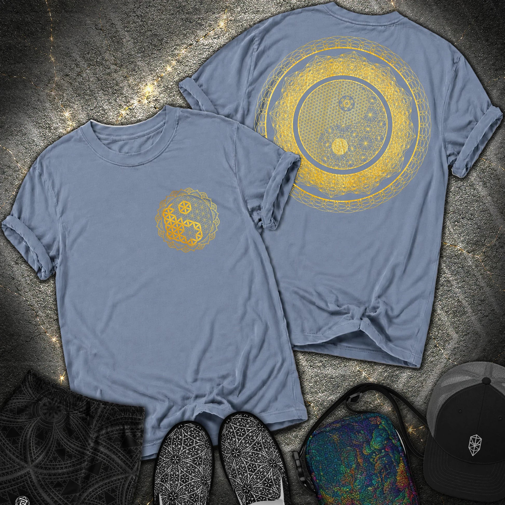 Yin Yang Sacred Geometry 2 Sided T-Shirt - Yin Yang Sacred Geometry 2 Sided Comfort T-Shirt - Blue Jean