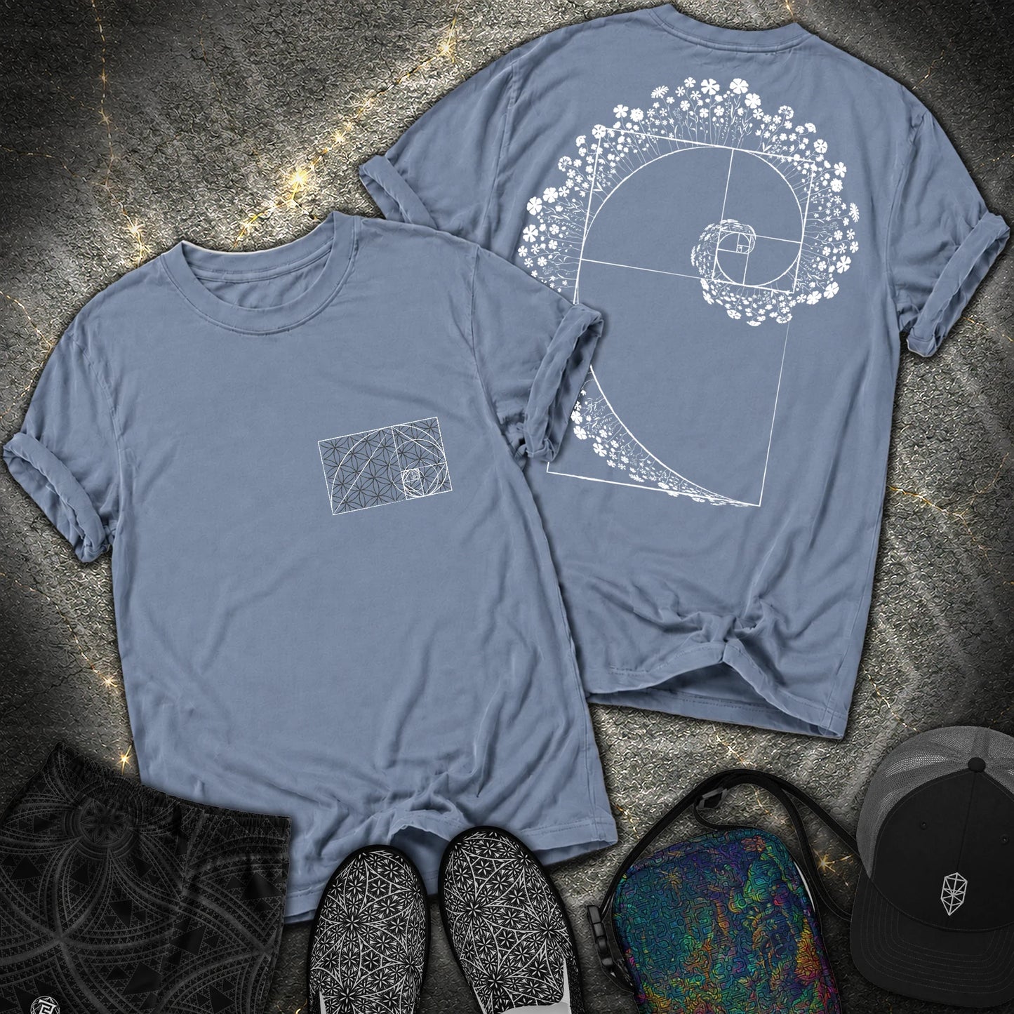 Floral Golden Ratio Spiral 2 Sided T-Shirt - Floral Golden Ratio Spiral 2 Sided Comfort T-Shirt - Blue Jean