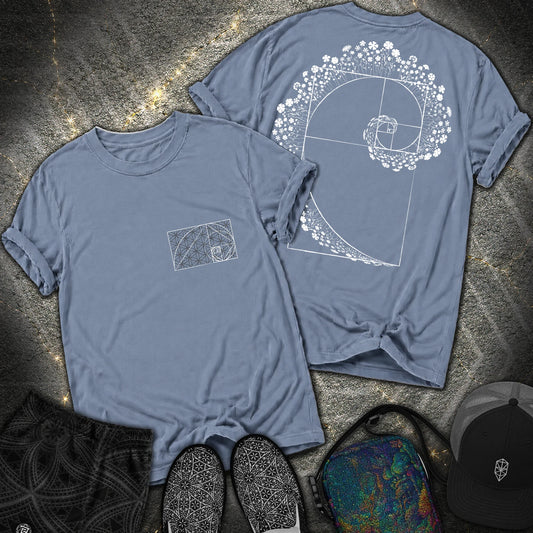 Floral Golden Ratio Spiral 2 Sided T-Shirt - Floral Golden Ratio Spiral 2 Sided Comfort T-Shirt - Blue Jean