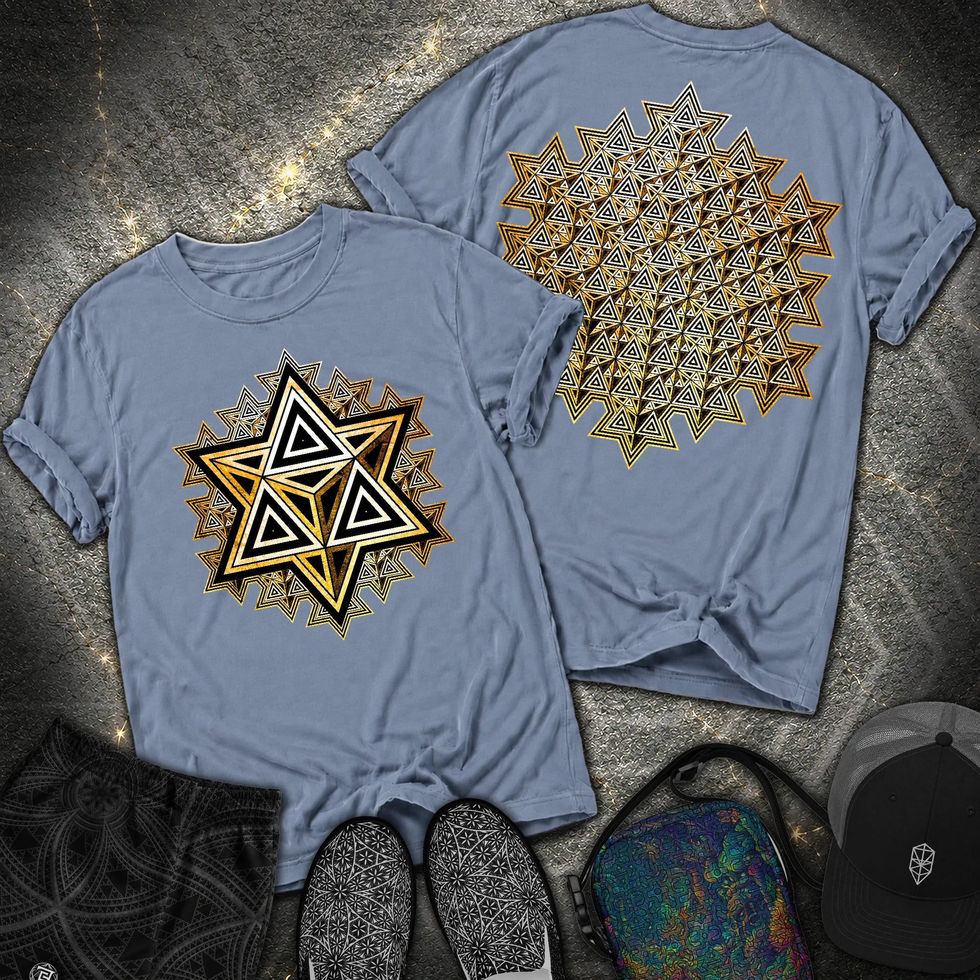 Sacred Gold Merkaba 2 Sided Comfort T-shirt - Sacred Gold Merkaba 2 Sided Comfort T-shirt - Blue Jean