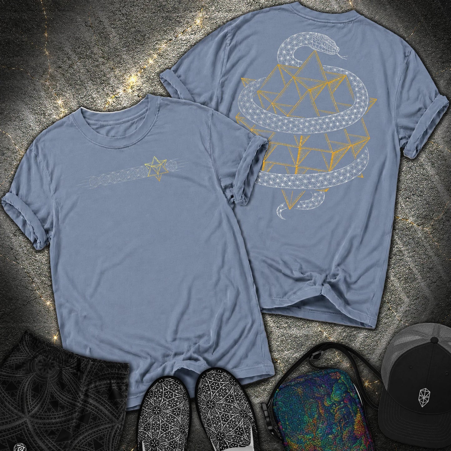 Serpent Tetrahedron Merkaba Geometry 2 Sided Comfort T-Shirt - Serpent Tetrahedron Merkaba Geometry 2 Sided Comfort T-Shirt - Blue Jean
