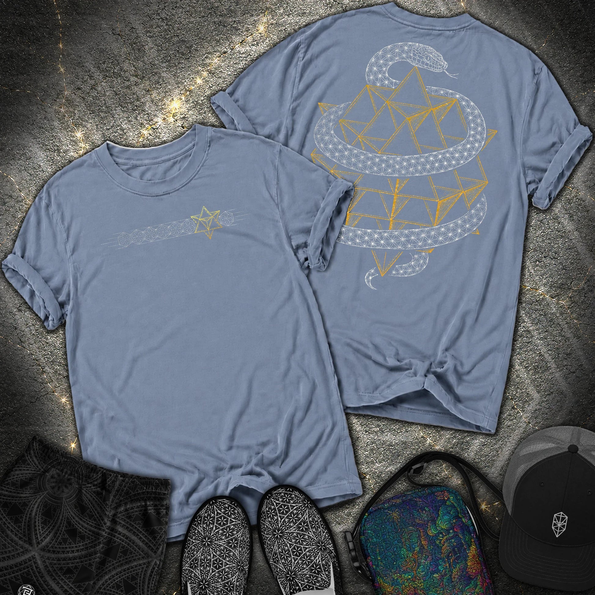 Serpent Tetrahedron Merkaba Geometry 2 Sided Comfort T-Shirt - Serpent Tetrahedron Merkaba Geometry 2 Sided Comfort T-Shirt - Blue Jean