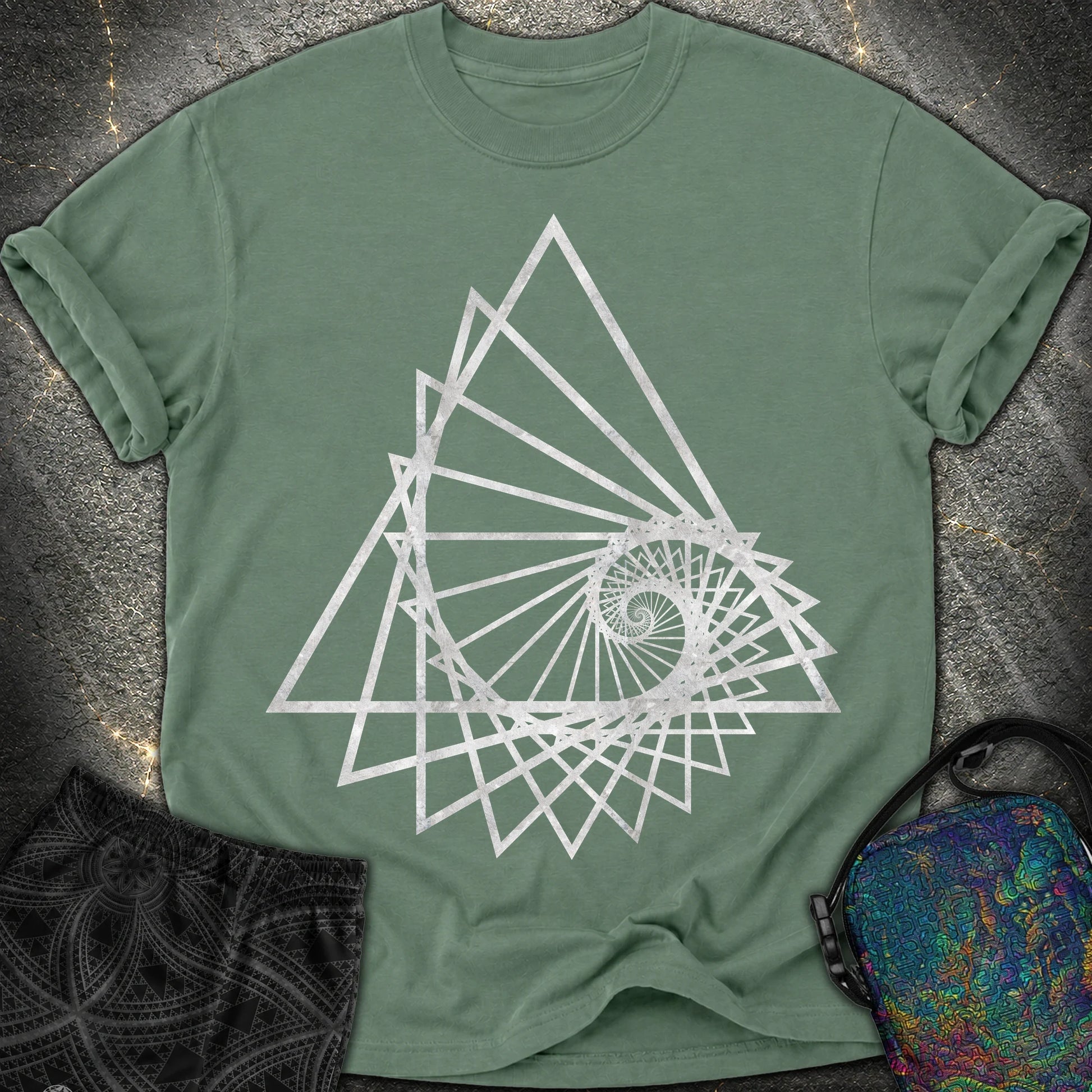 Spiralling Triangle Geometric T-Shirt - Spiralling Triangle Geometric Comfort T-Shirt - Blue Spruce