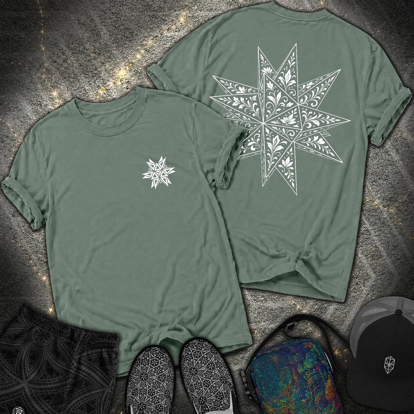 White Floral Stellated Dodecahedron 2 Sided Comfort T-Shirt - White Floral Stellated Dodecahedron 2 Sided Comfort T-Shirt - Blue Spruce
