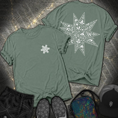 White Floral Stellated Dodecahedron 2 Sided Comfort T-Shirt - White Floral Stellated Dodecahedron 2 Sided Comfort T-Shirt - Blue Spruce
