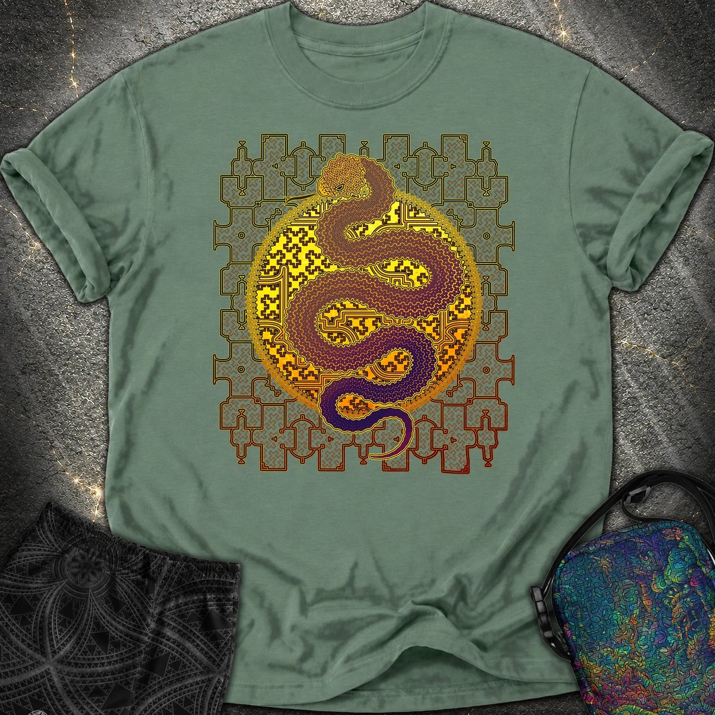 Shipibo Cosmic Snake Comfort T-Shirt - Shipibo Cosmic Snake Comfort T-Shirt - Blue Spruce