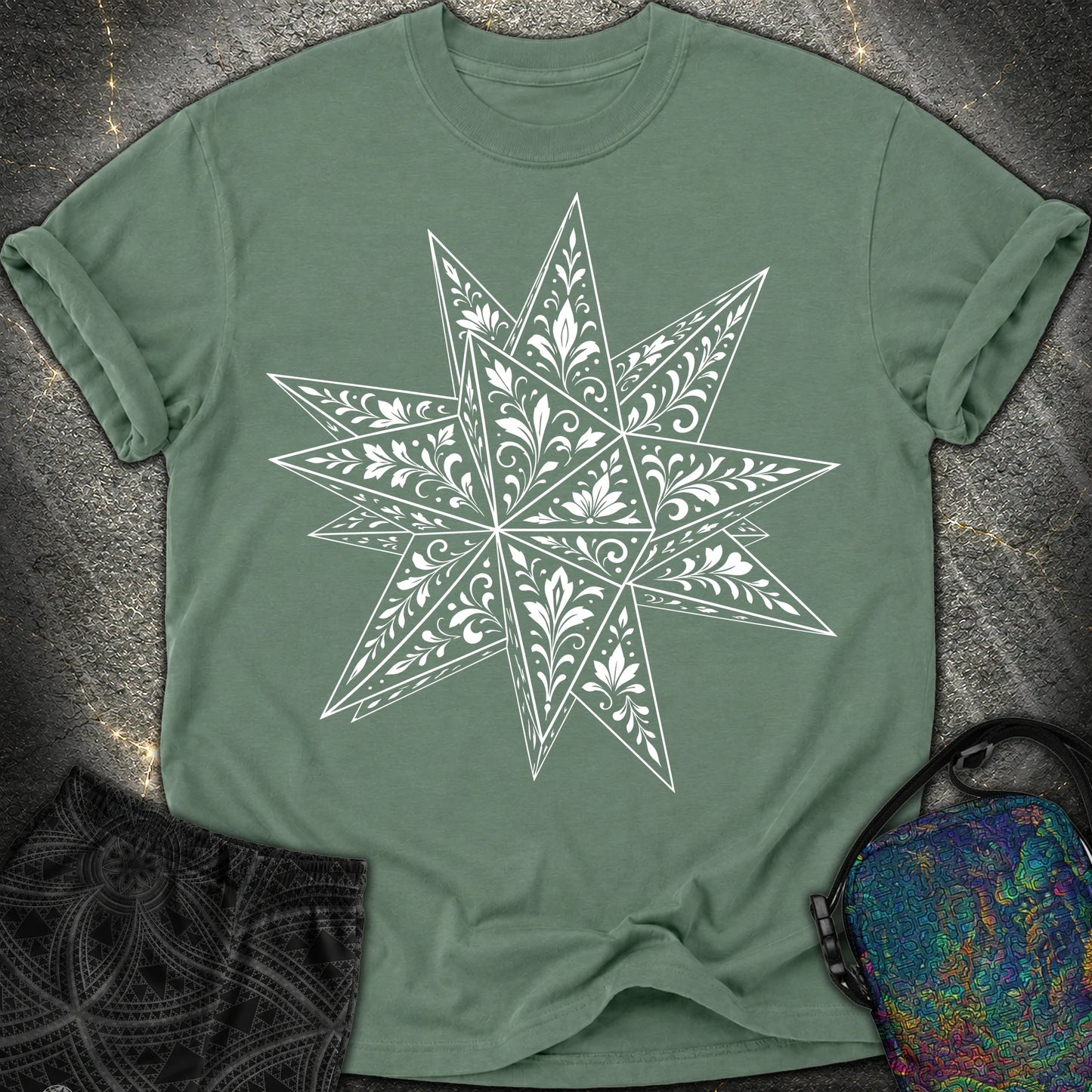 White Floral Stellated Dodecahedron - White Floral Stellated Dodecahedron Comfort T-Shirt - Blue Spruce