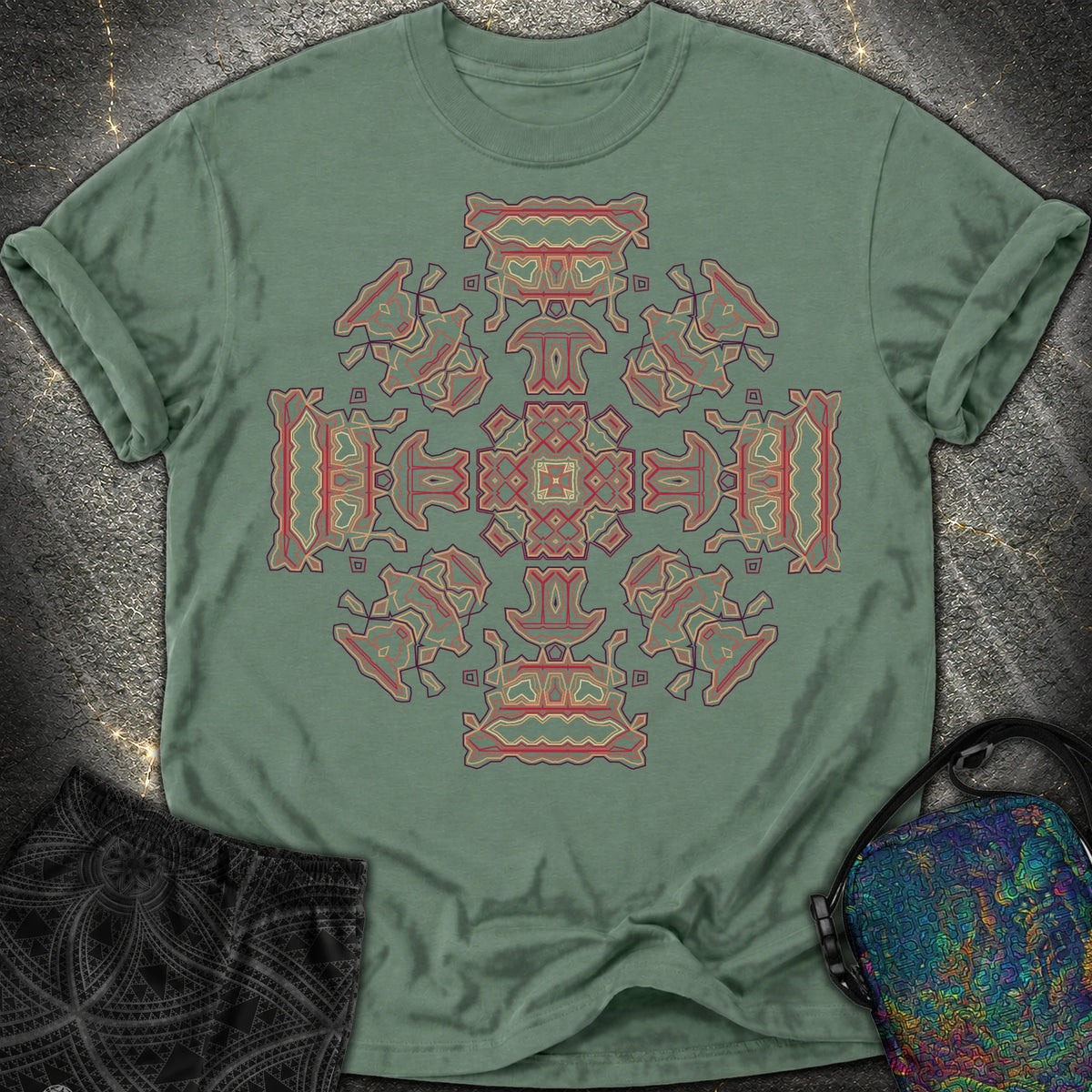 Shamanic Faces Geometric Comfort T-Shirt - Shamanic Faces Geometric Comfort T-Shirt - Blue Spruce