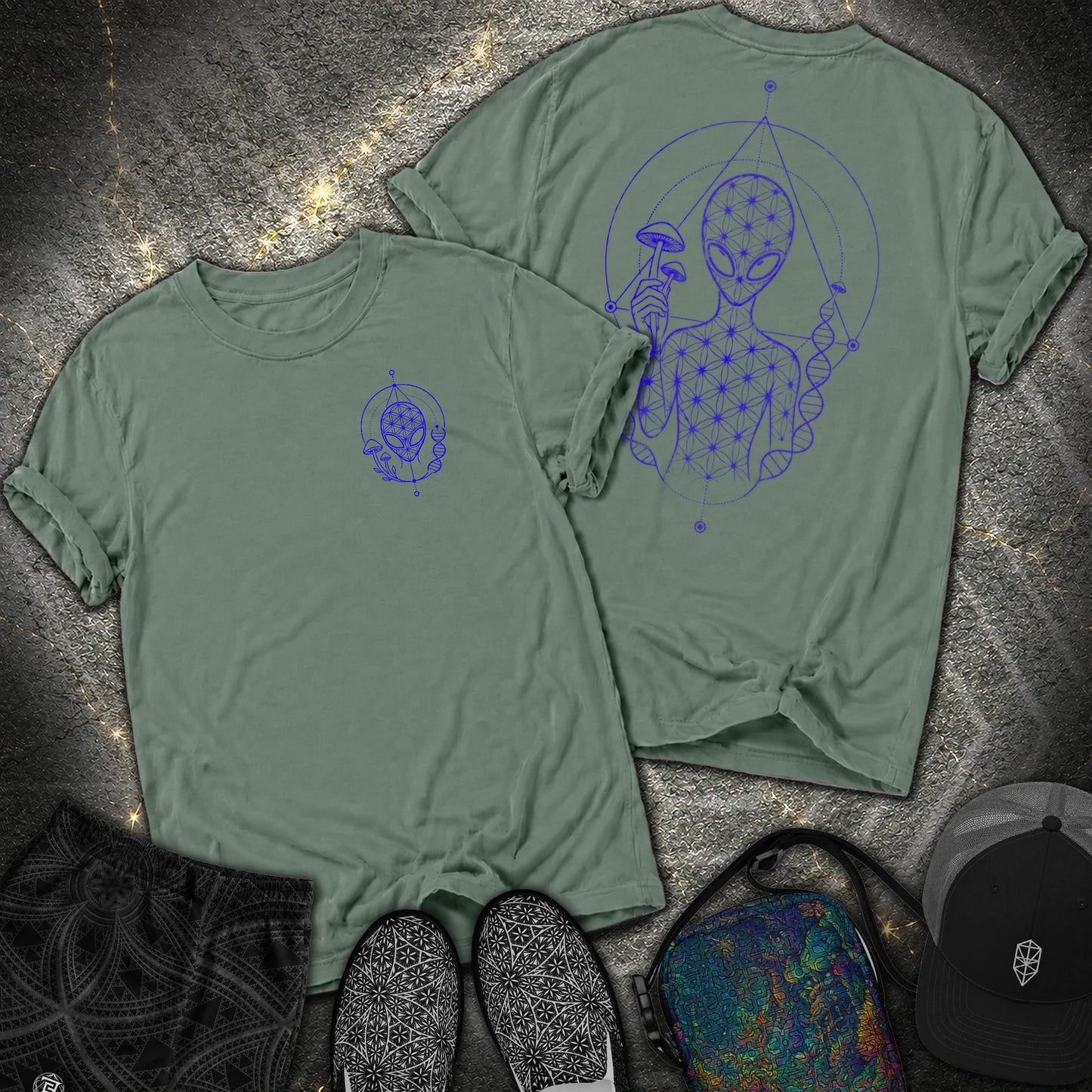 Alien Mushroom Shirt, Sacred Geometry Mushroom Alien 2 Sided T-Shirt - Alien Mushroom Shirt, Sacred Geometry Mushroom Alien 2 Sided Comfort T-Shirt - Blue Spruce