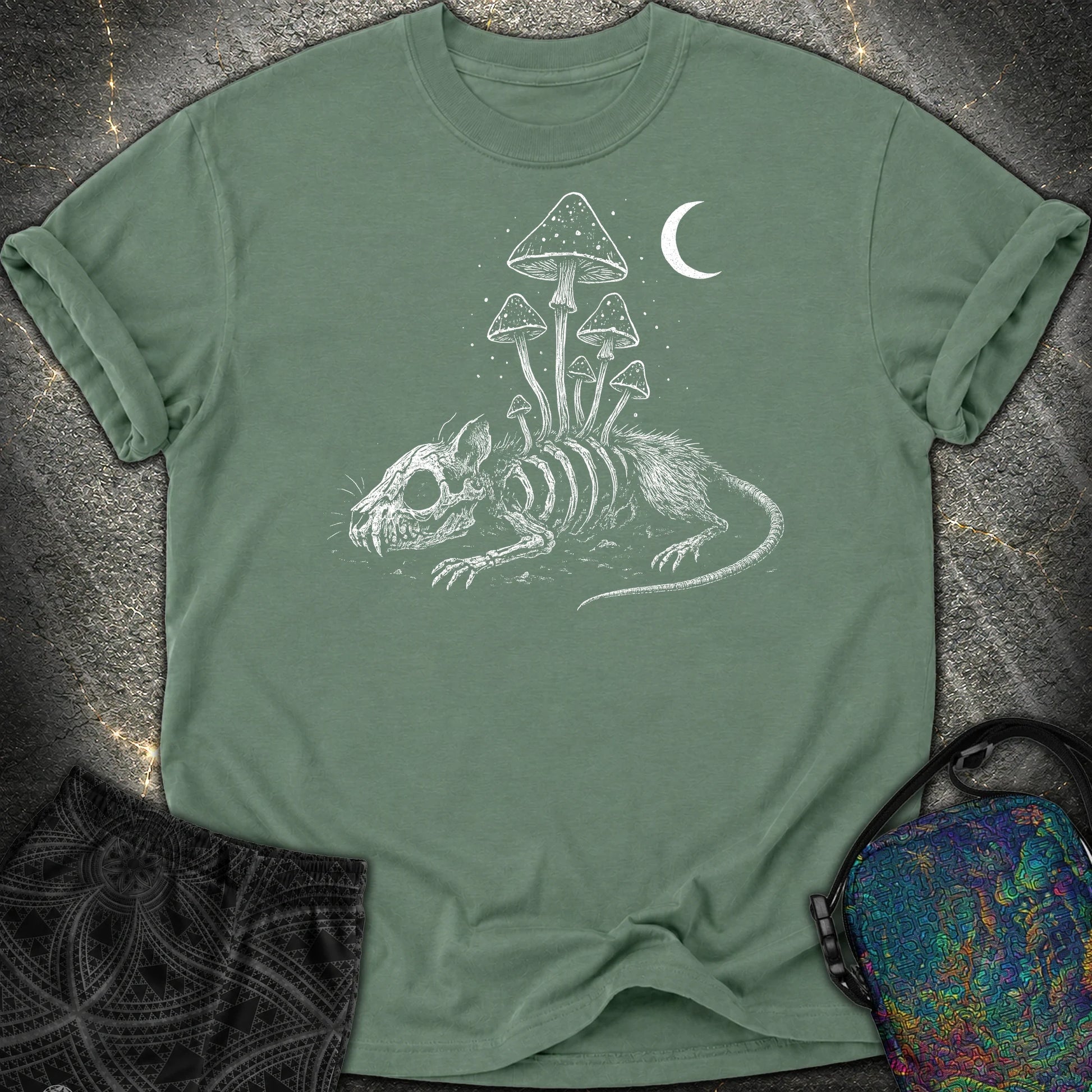 Rat Skeleton & Mushrooms Gothic Comfort T-Shirt - Rat Skeleton & Mushrooms Gothic Comfort T-Shirt - Blue Spruce