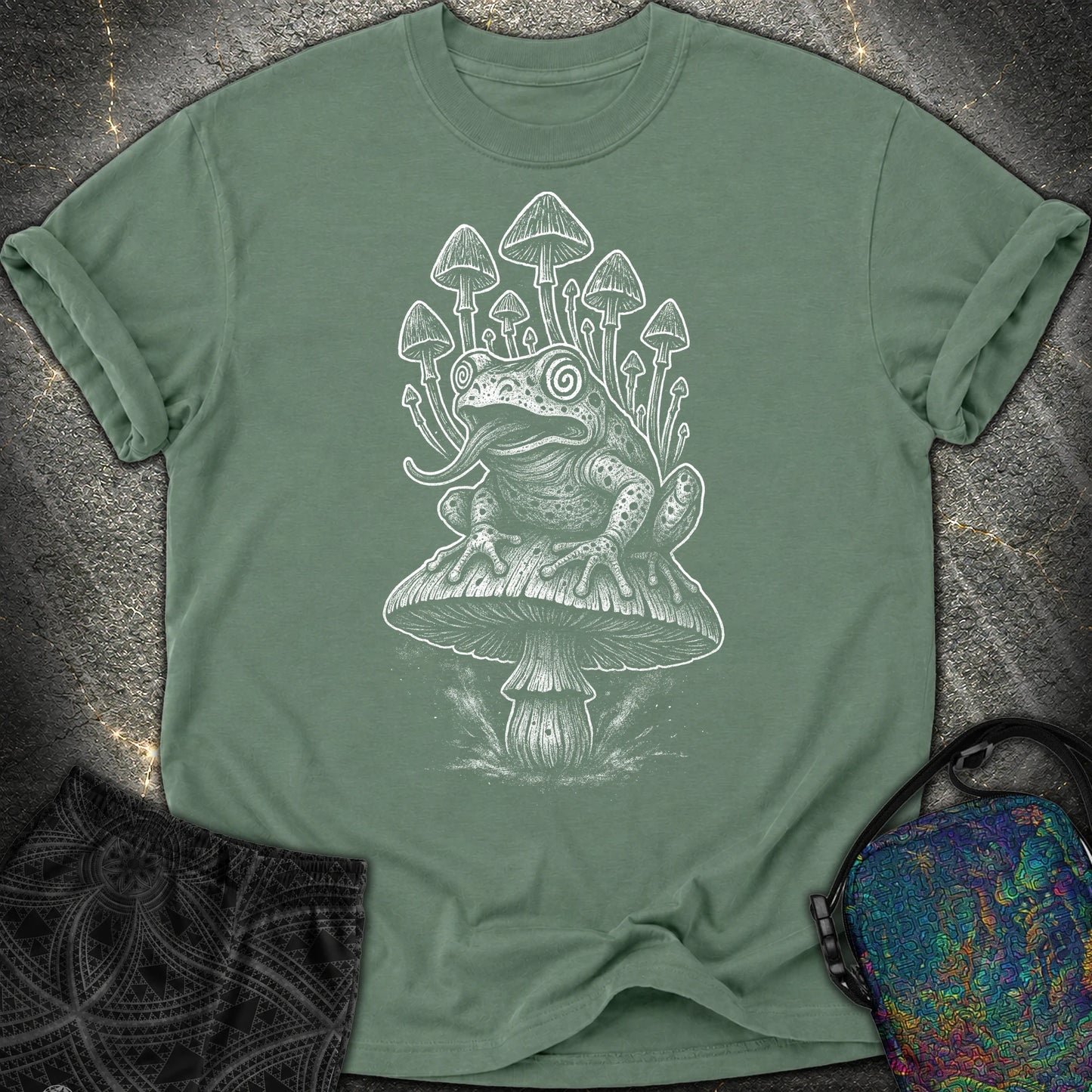 Mushroom Frog Psychedelic Comfort T-Shirt - Mushroom Frog Psychedelic Comfort T-Shirt - Blue Spruce
