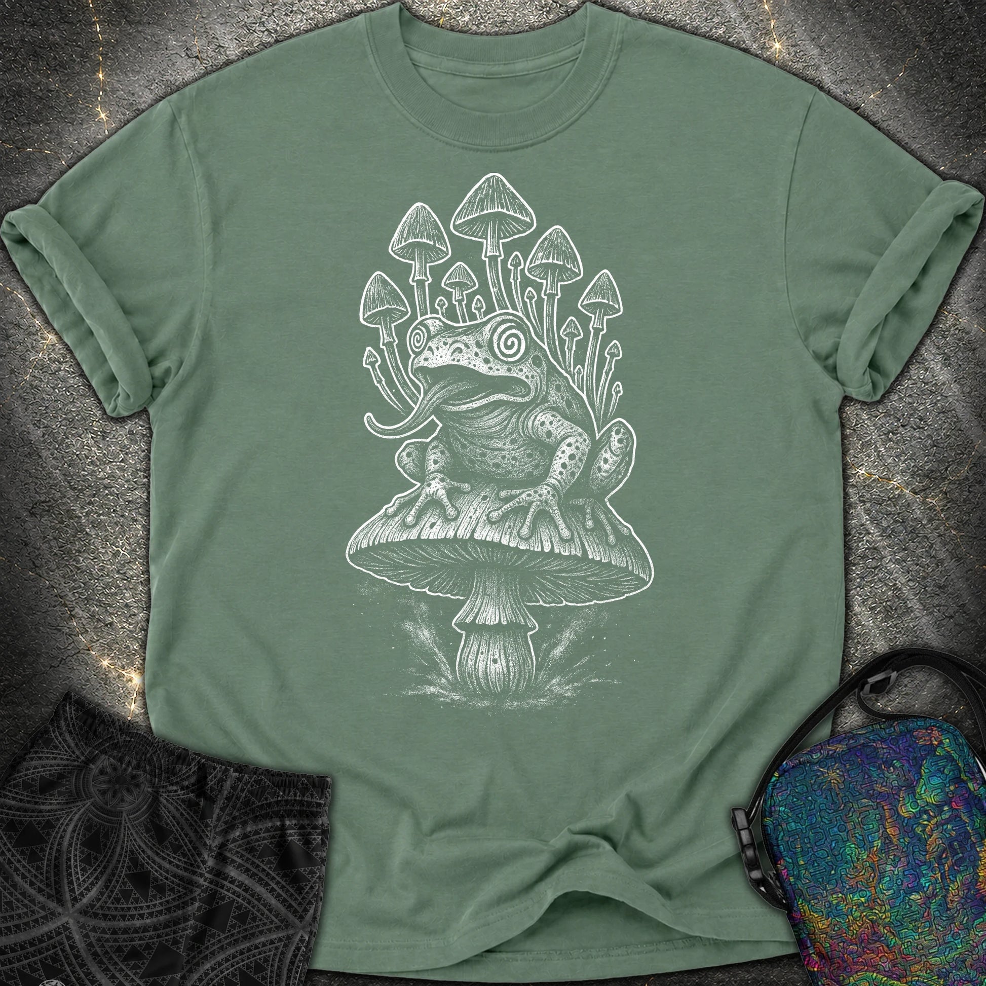 Mushroom Frog Psychedelic Comfort T-Shirt - Mushroom Frog Psychedelic Comfort T-Shirt - Blue Spruce