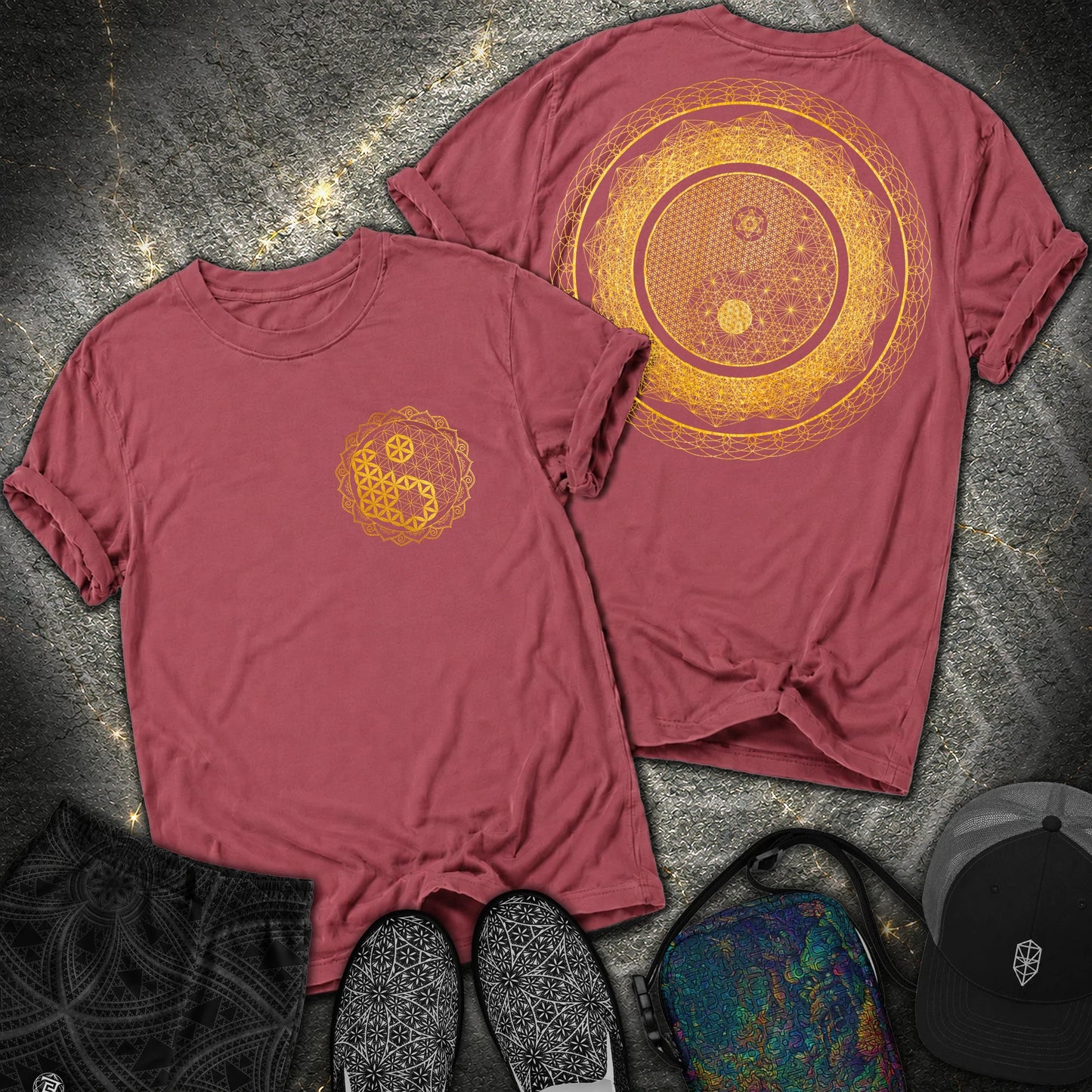 Yin Yang Sacred Geometry 2 Sided T-Shirt - Yin Yang Sacred Geometry 2 Sided Comfort T-Shirt - Brick